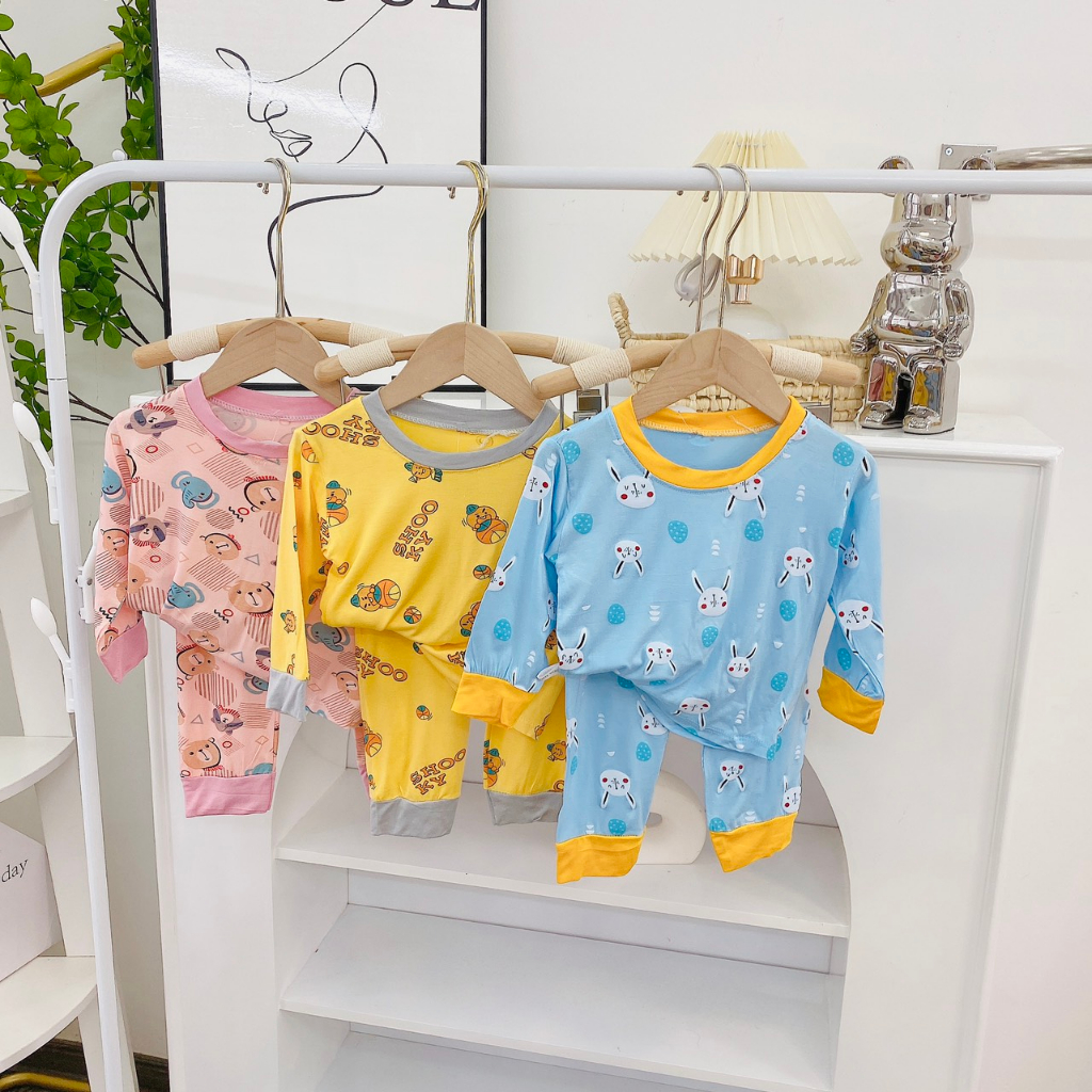 Bộ dài tay thu đông vải thun lạnh hình in họa tiết cho bé trai, bé gái