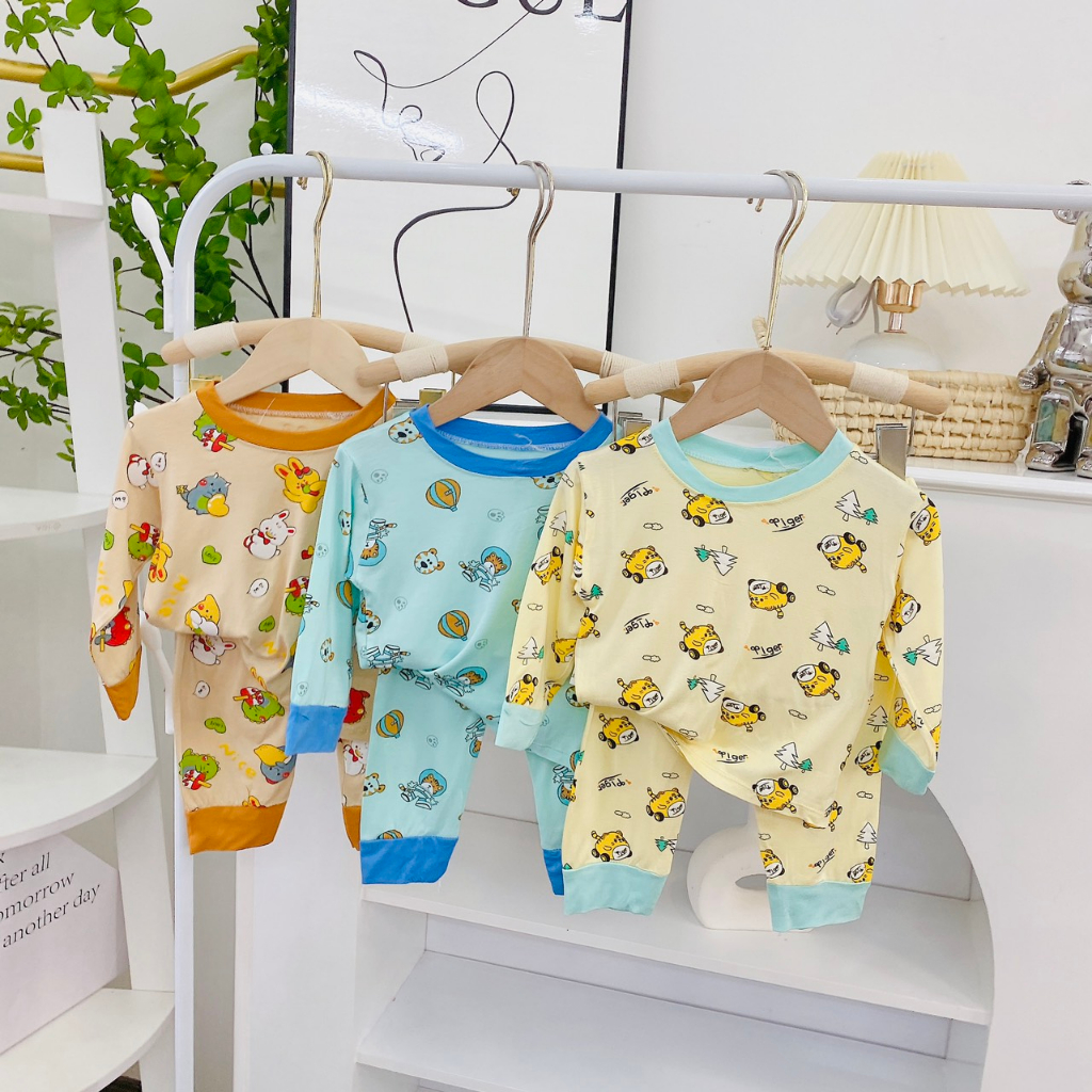 Bộ dài tay thu đông vải thun lạnh hình in họa tiết cho bé trai, bé gái
