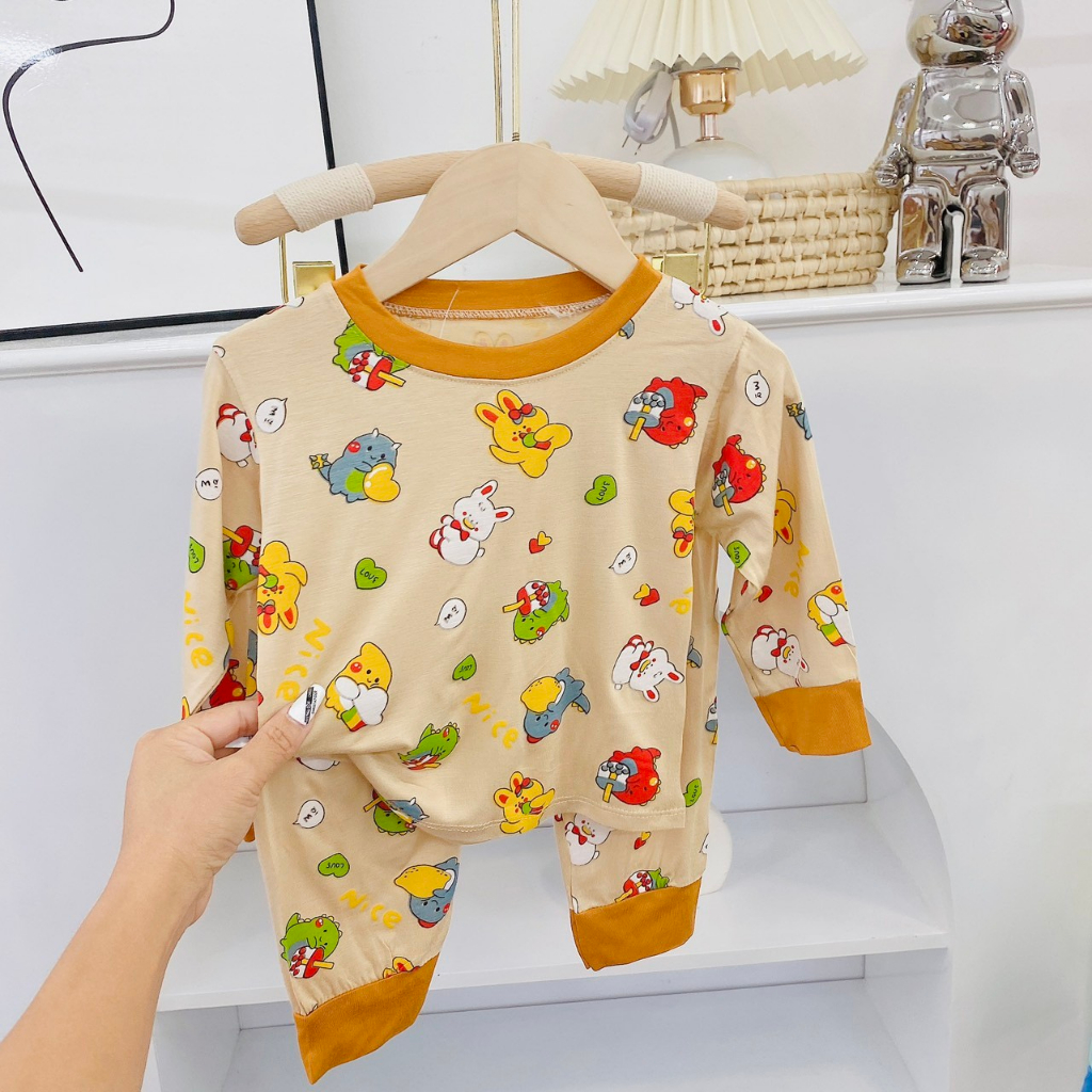 Bộ dài tay thu đông vải thun lạnh hình in họa tiết cho bé trai, bé gái