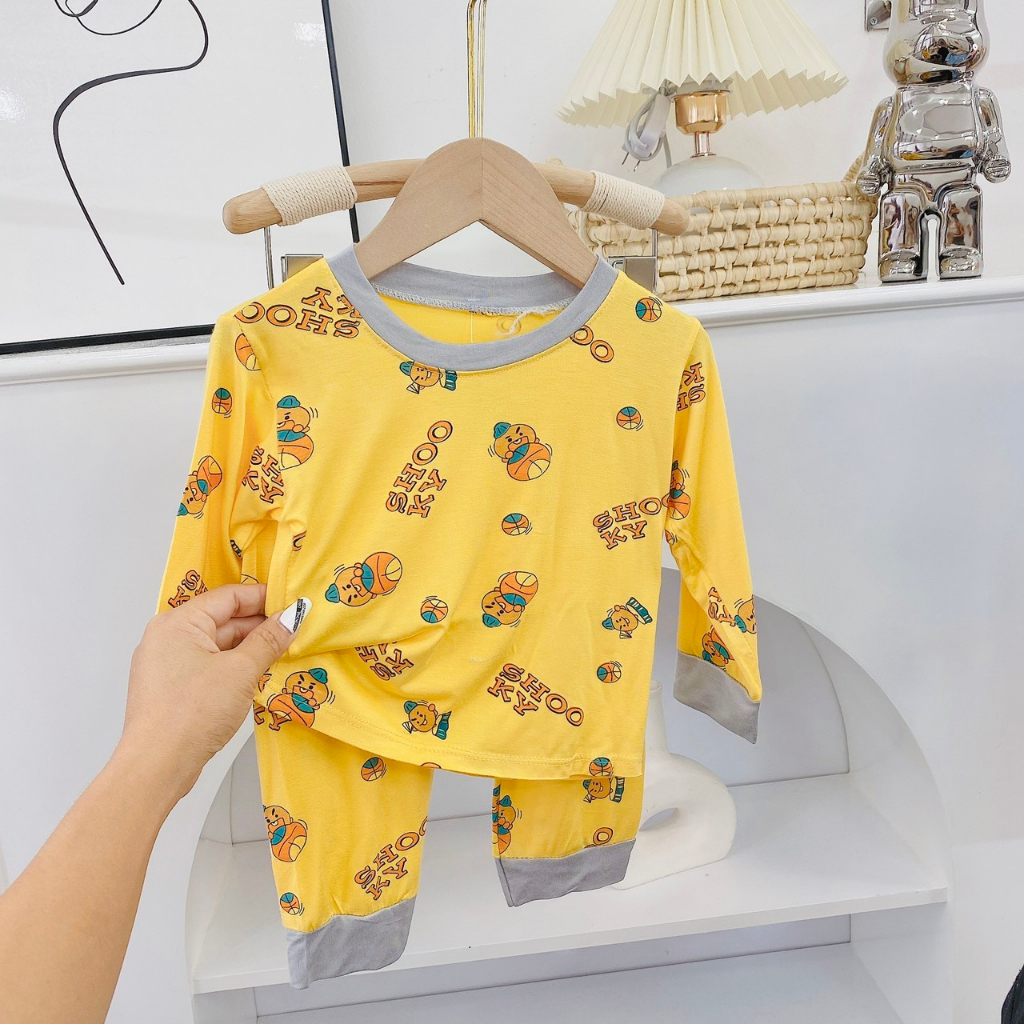 Bộ dài tay thu đông vải thun lạnh hình in họa tiết cho bé trai, bé gái