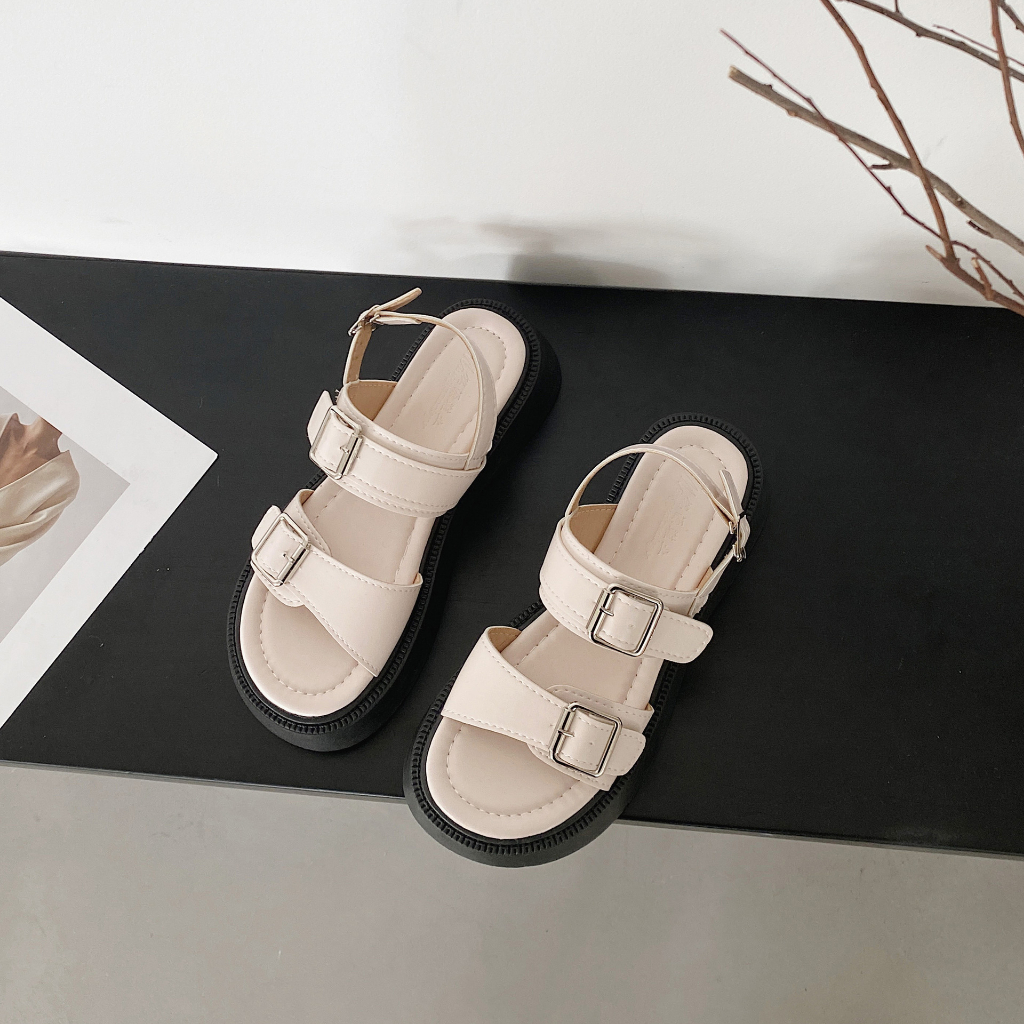 Giày Sandal Nữ Đế Cao Quai Ngang Màu Đen, Kem Nhẹ Êm Thích Hợp Đi Học, Chơi giayBOM GB B2825