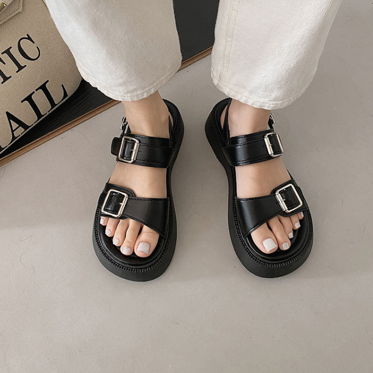 Giày Sandal Nữ Đế Cao Quai Ngang Màu Đen, Kem Nhẹ Êm Thích Hợp Đi Học, Chơi giayBOM GB B2825