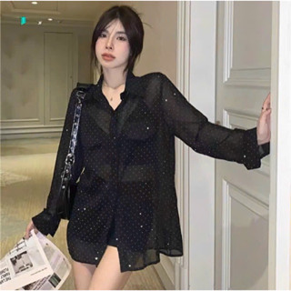 Áo Sơ Mi Nữ Tay Dài Đính Đá, Sơ Mi Nữ Sang Chảnh Form , Sơ Mi Đen Xuyên Thấu Sexy Cá Tính đủ size