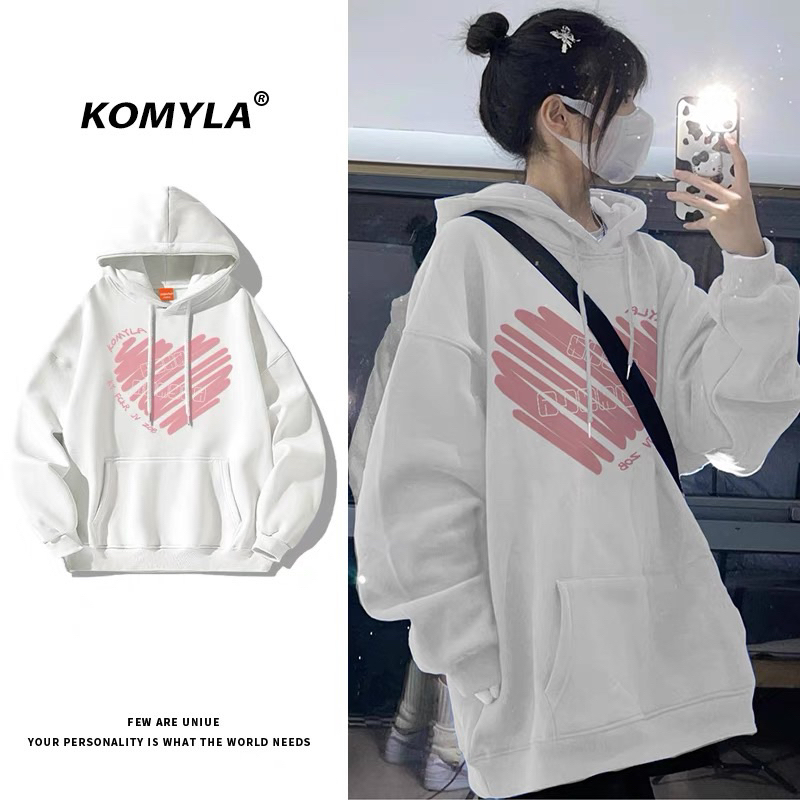 Áo hoodie form rộng tay bồng mũ hai lớp - Tim kẻ vạch