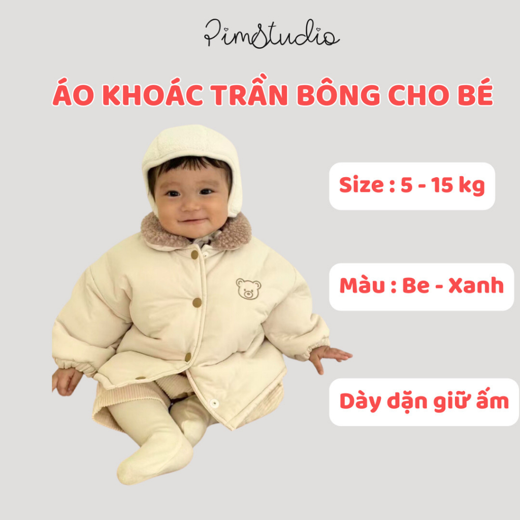 Áo Khoác Trần Bông PIMSTUDIO Cho Bé Mùa Đông Có In Gấu Ngực Từ 5-15kg