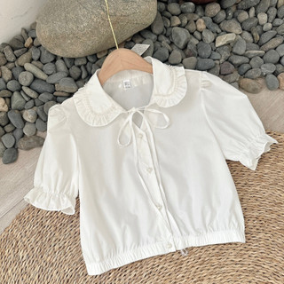 Áo Croptop sơ mi nữ tay ngắn ôm dáng kiểu hàn quốc cộc tay phối ngọc cổ ren tiểu thư - áo sơ mi trắng đi học công sở