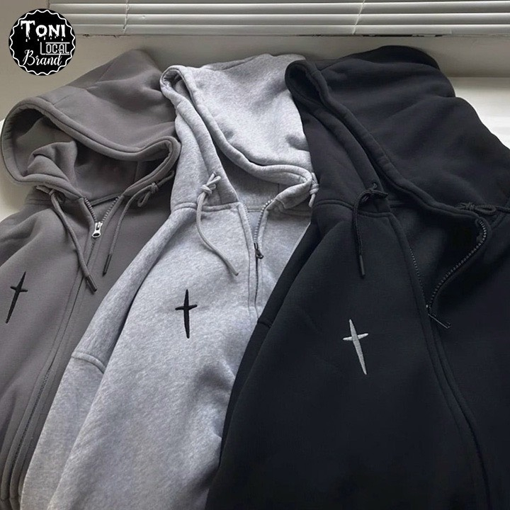 Hoodie Zip , Áo Khoác Nỉ Hoodie Form Rộng Unisex Chữ Thập Nam Nữ Mặc Đẹp