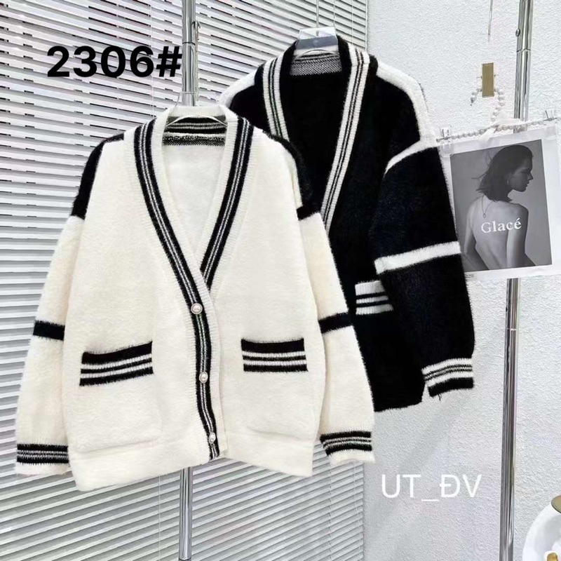 Áo khoác len, áo cardigan nữ thời trang phối đen trắng hàng QC