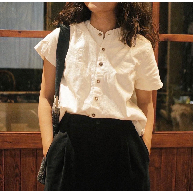 Sơmi cổ tàu ngắn tay (bản mới) - linen premium Trắng ngà
