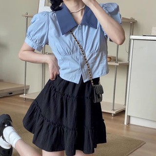 Áo sơ mi dạng croptop tay phồng
