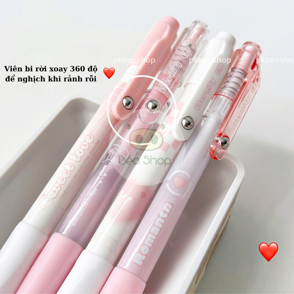 Bút gel bấm Mura Pkbeoshop Sweet Love Eternity viết bi mực đen ngòi 0.5mm màu hồng dễ thương B50
