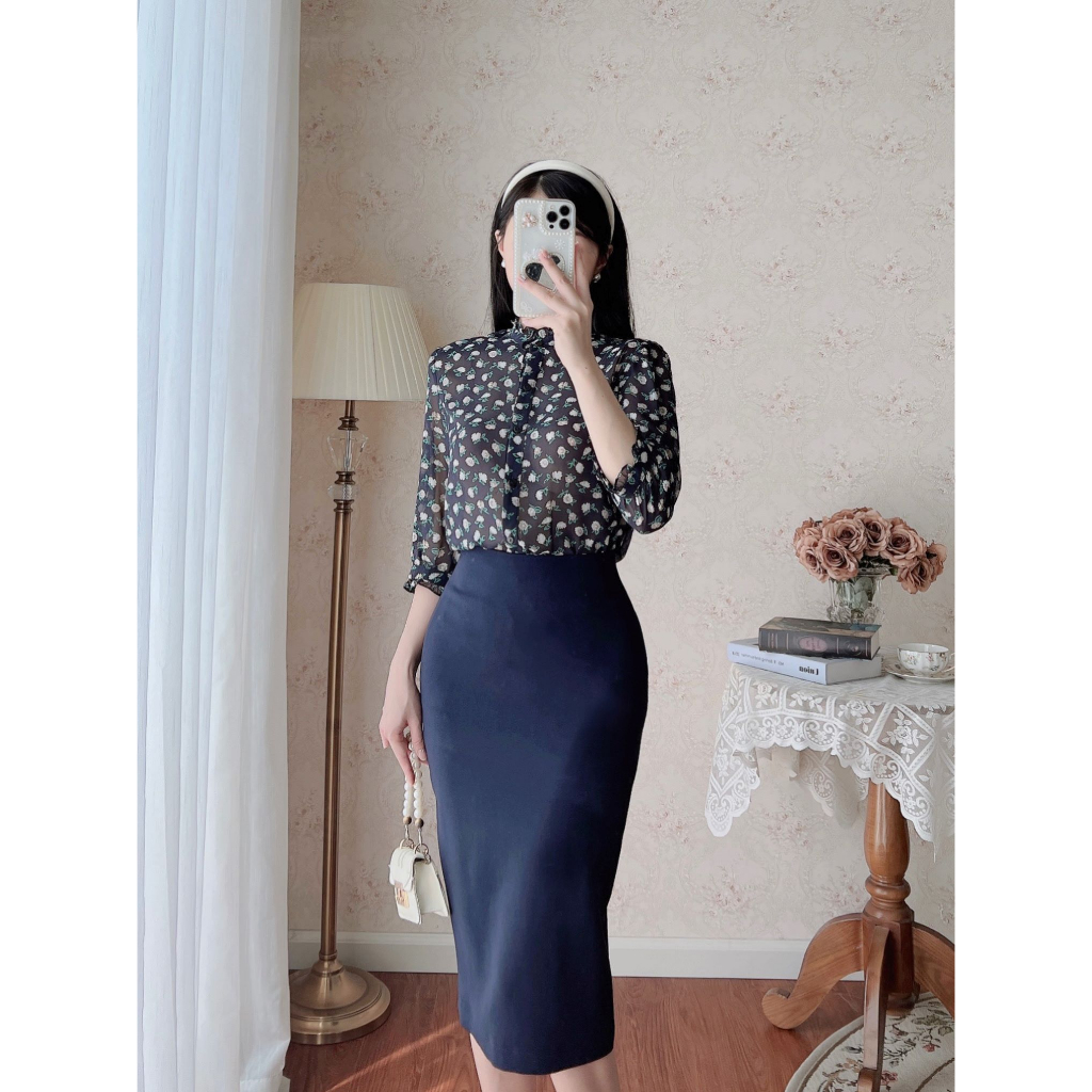 De Leah - Áo Tay Lửng Nhún Bèo & Chân Váy Midi Xẻ Sau - Thời Trang Thiết Kế