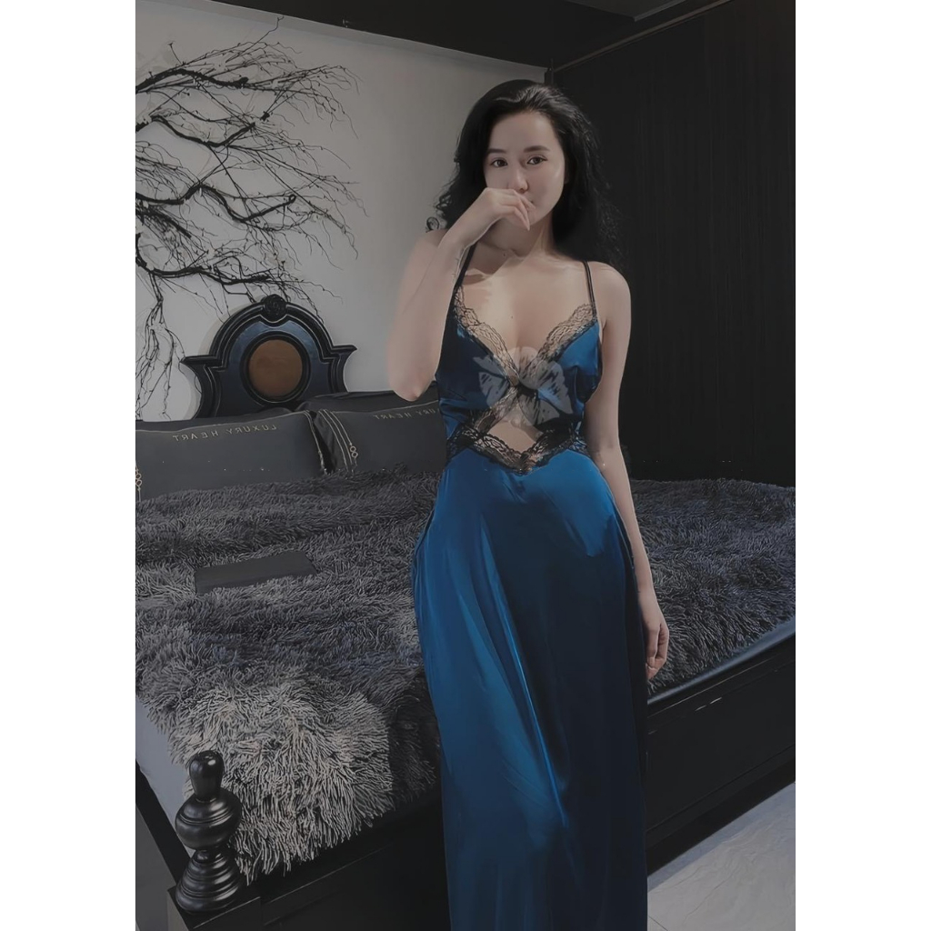 Đầm ngủ 2 dây sexy dáng dài, ren chéo chất lụa latin mềm mịn, thoáng mát