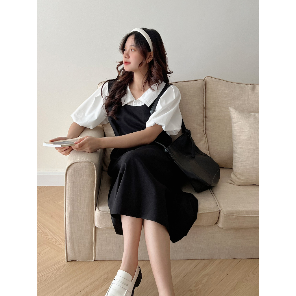 Set Váy Yếm Nữ Kèm Áo Sơ Mi Trắng Tay Bồng Phong Cách Hàn Quốc