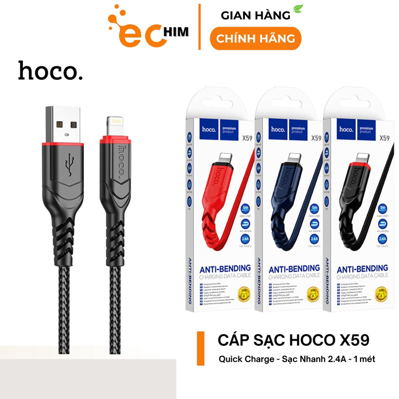 Cáp sạc nhanh HOCO X59 2.4A/3A chính hãng, dây đầu USB dài 1m bọc dù bền bỉ, hỗ trợ truyền dữ liệu.