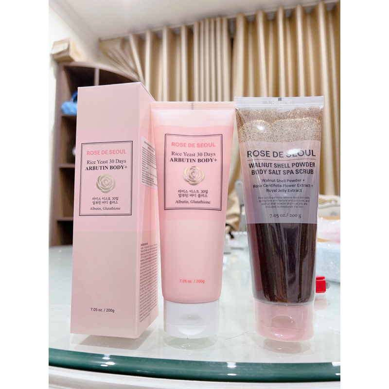 Combo kem body Rose de Seoul 200g + sữa tắm tẩy tế bào chết hạn 2026 dưỡng da trắng sáng từ bên trong