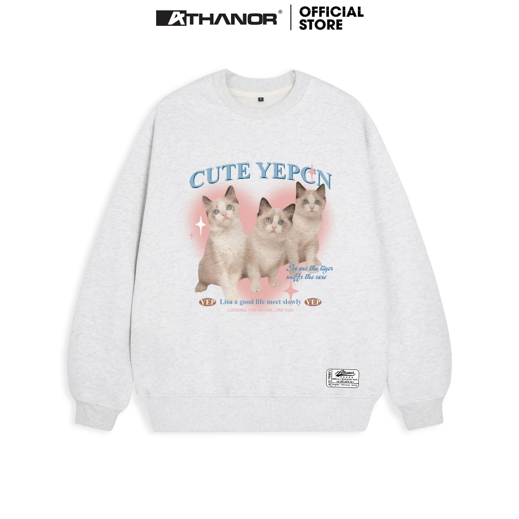 Áo Sweater Nỉ Bông ATHANOR Form Rộng Oversize Cotton Xám Tiêu Mẫu PINK CAT