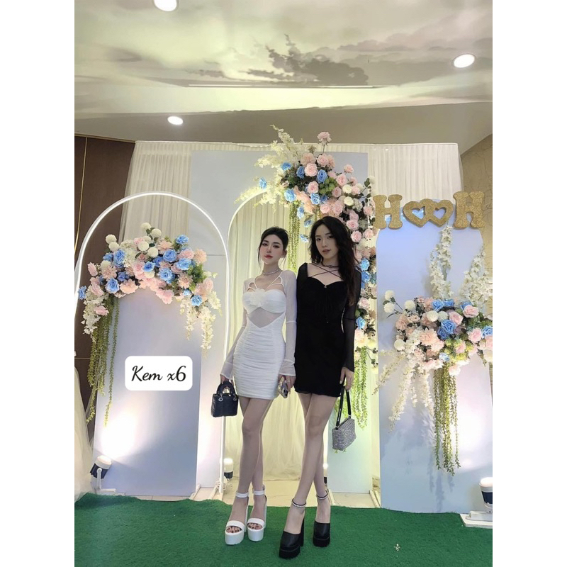 Váy body lưới kèm hoa đính ngực tôn dáng