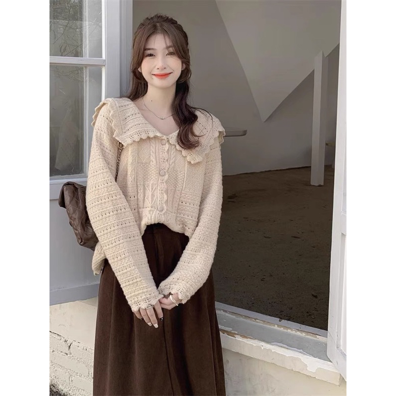 Áo khoác len khuy cúc bọc màu kem nâu hàng Qc