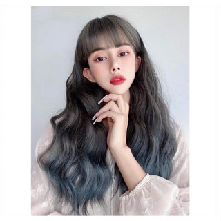 Tóc giả nữ cao cấp nguyên đầu xù omber khói xanh xu hướng 2021