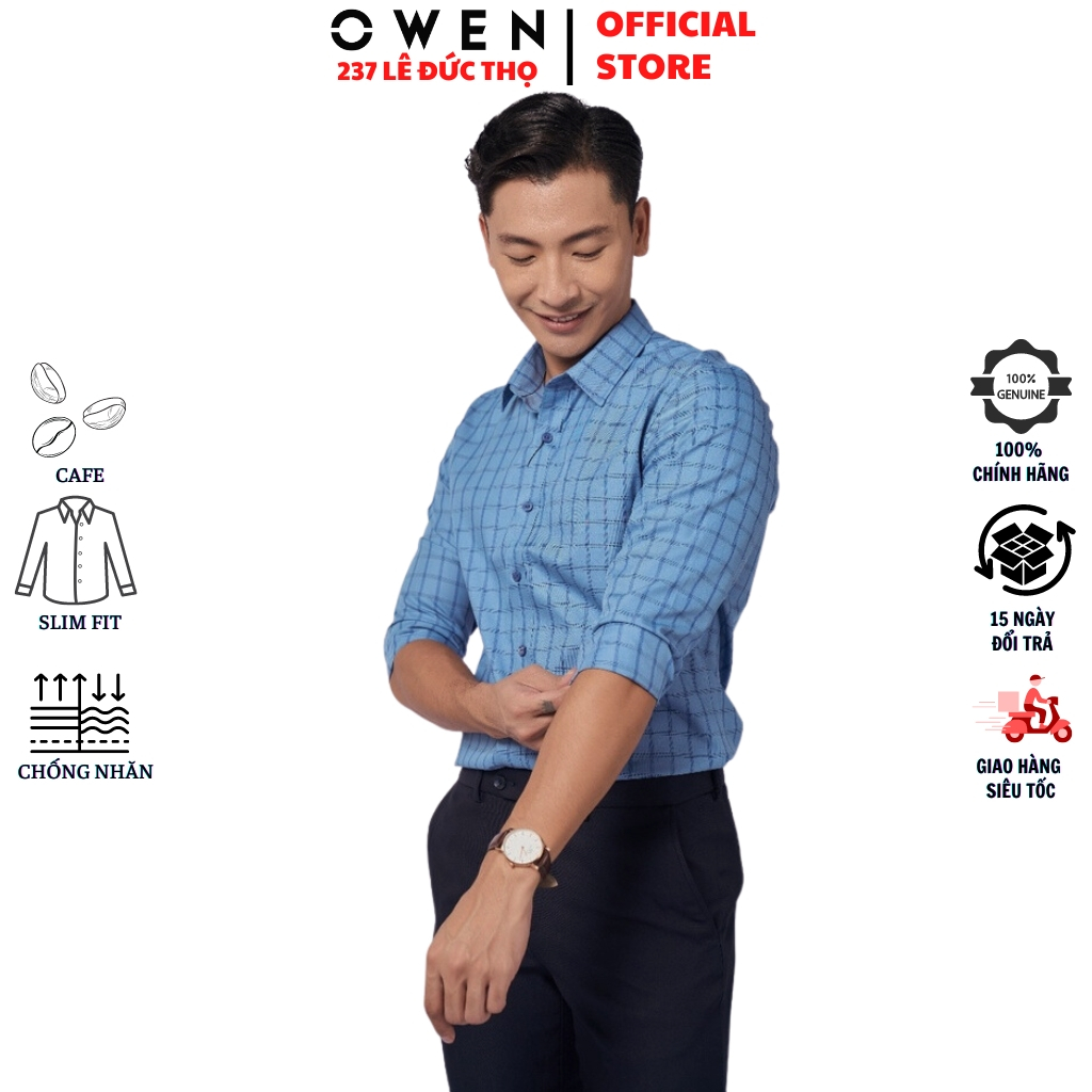 Áo sơ mi nam OWEN AS220878D somi dài tay công sở kẻ caro xanh trắng navy slim fit tà lượn không túi chất café cao cấp