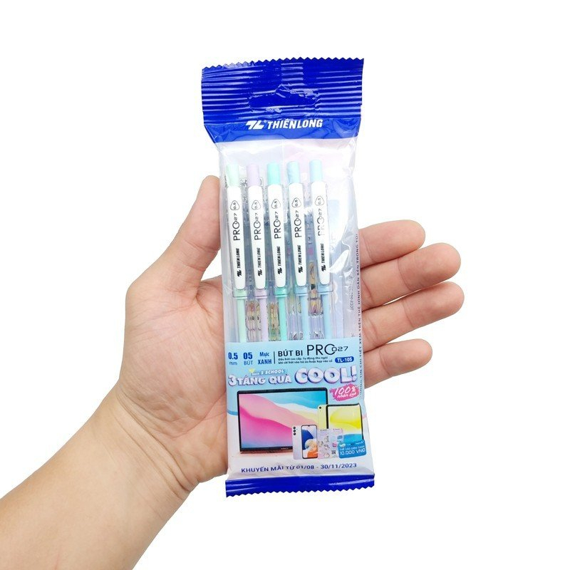 Vỉ 5 Bút bi Pro 027 ngòi 0.5 mm Thiên Long TL-105 - Mực xanh và mực đen