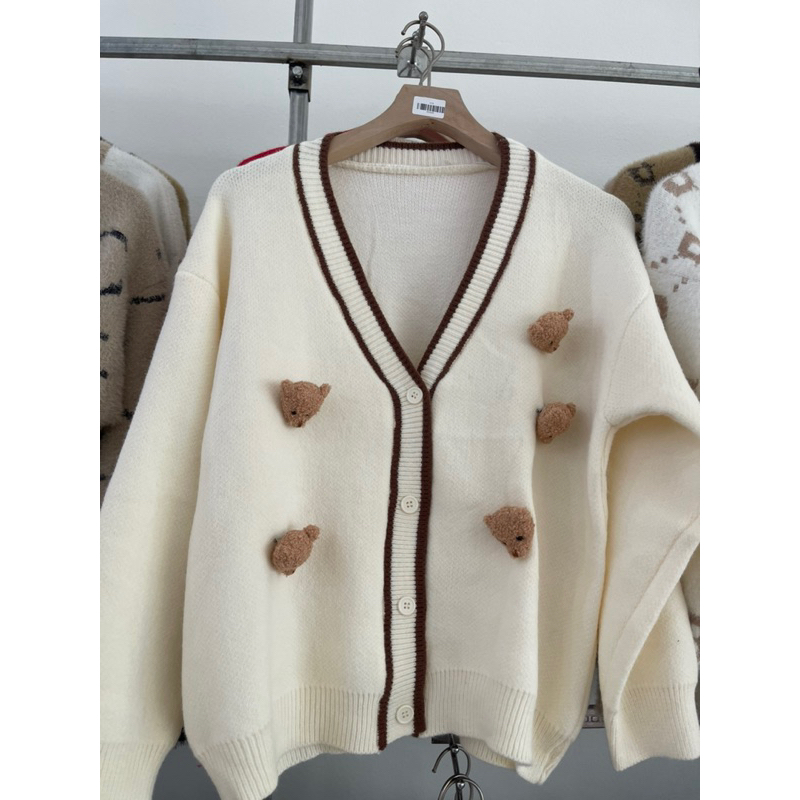Áo khoác len, khoác cardigan nữ đính gấu hàng QC