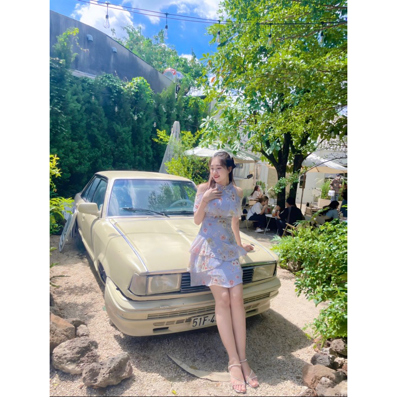 Đầm khoét vai, váy voan hoa tiểu thư sang chảnh,nổi bật, Linstore thiết kế V4