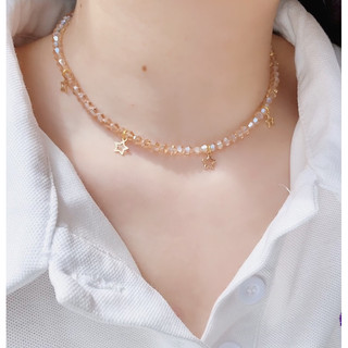 Vòng cổ/dây chuyền choker pha lê vàng nude handmade Spring sao nhỏ lấp lánh