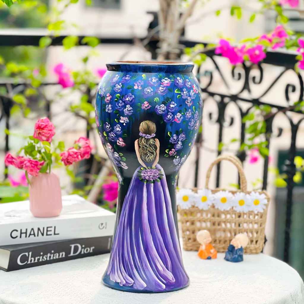 Bình hoa cô gái màu tím vẽ thủ công 3D cao cấp, lọ hoa gốm sứ Bát Tràng decor trang trí phòng khách, bàn tiệc sang trọng
