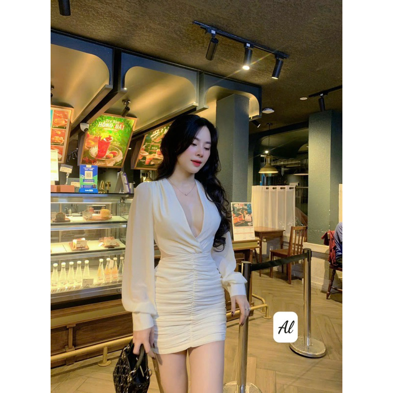 Váy đầm body nhún cut eo tay voan siêu đẹp kèm hoa