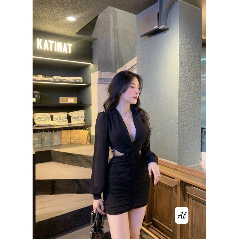Váy đầm body nhún cut eo tay voan siêu đẹp kèm hoa