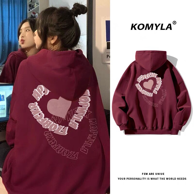 Áo hoodie form rộng tay bồng mũ hai lớp - tim in hai mặt