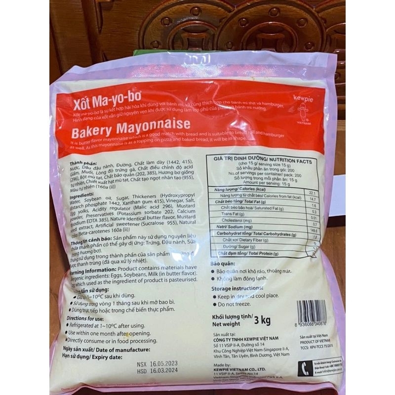 Sốt may- yo- bơ kewpie túi 3kg dòng chuyên cho bánh mì,bánh tráng nướng