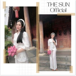 Đồ lam đi chùa THE SUN, Bộ quần áo phật tử chất lụa gấm cao cấp loại 1 trang nhã sang trọng màu trắng