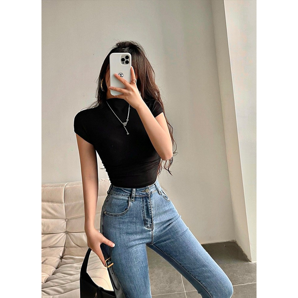 Áo thun croptop tay ngắn cổ cao nhún chun cạnh eo The Kim, áo baby tee thun tăm đen trắng A198