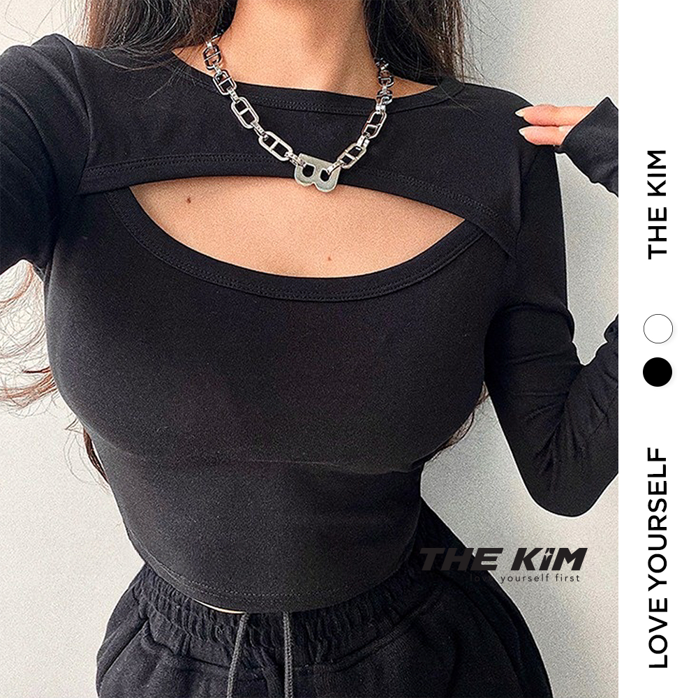 Áo thun croptop dài tay khoét ngực The Kim , áo thun tay dài đen trắng A199