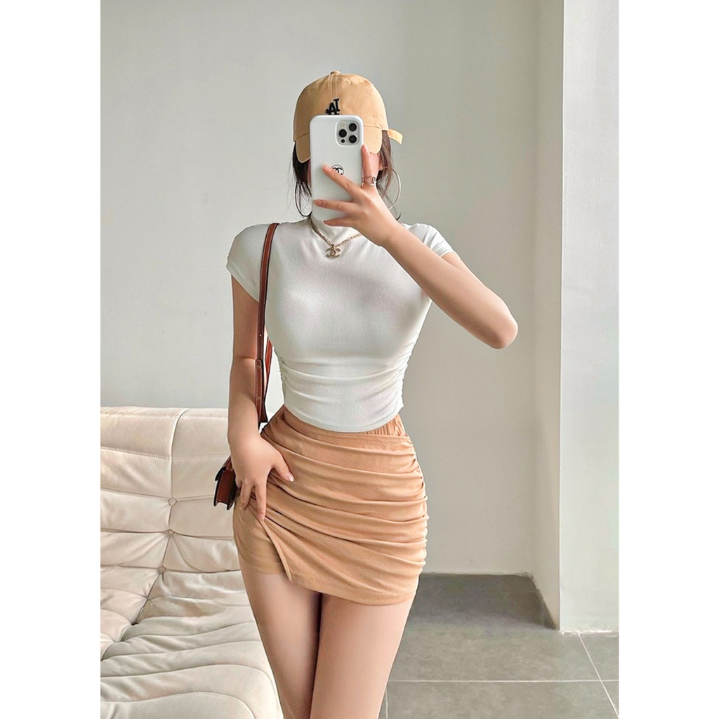 Áo thun croptop tay ngắn cổ cao nhún chun cạnh eo The Kim, áo baby tee thun tăm đen trắng A198