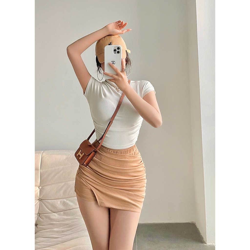 Áo thun croptop tay ngắn cổ cao nhún chun cạnh eo The Kim, áo baby tee thun tăm đen trắng A198