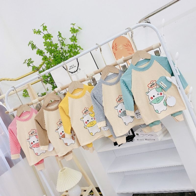 Mẫu mới,bộ quần áo trẻ em dài tay chất len tăm phối mũ thật cho bé 6/17kg