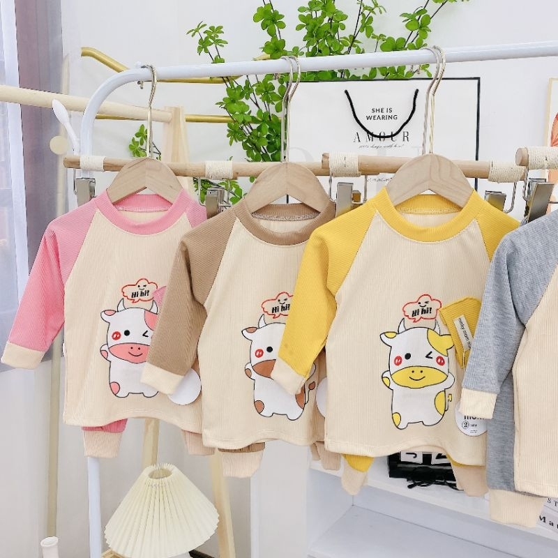 Mẫu mới,bộ quần áo trẻ em dài tay chất len tăm phối mũ thật cho bé 6/17kg