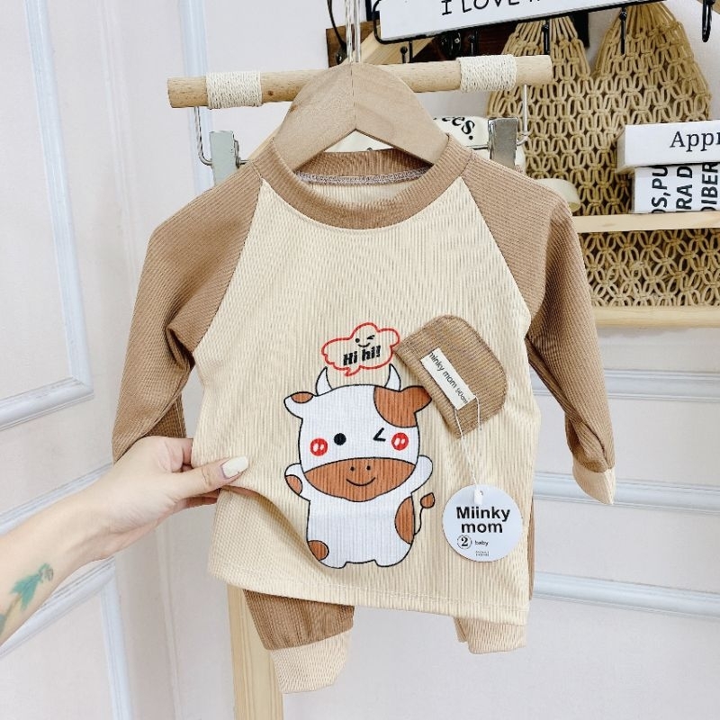 Mẫu mới,bộ quần áo trẻ em dài tay chất len tăm phối mũ thật cho bé 6/17kg