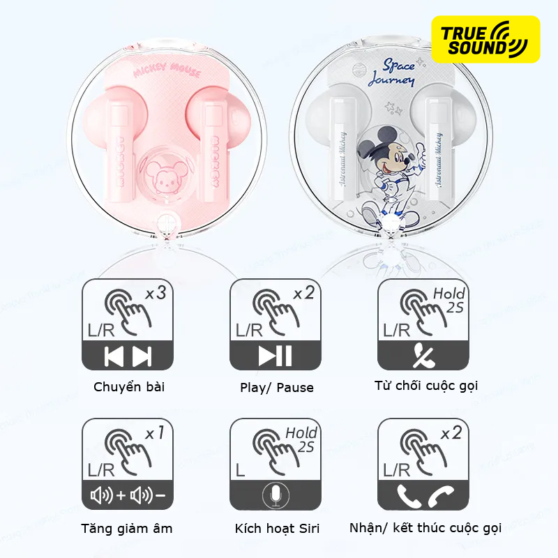 Tai nghe Bluetooth DISNEY TWS LK11 5.3V. Thiết kế ngộ nghĩnh; Kích hoạt HD call khi nhận cuộc gọi. Chuẩn chống nước IPX4