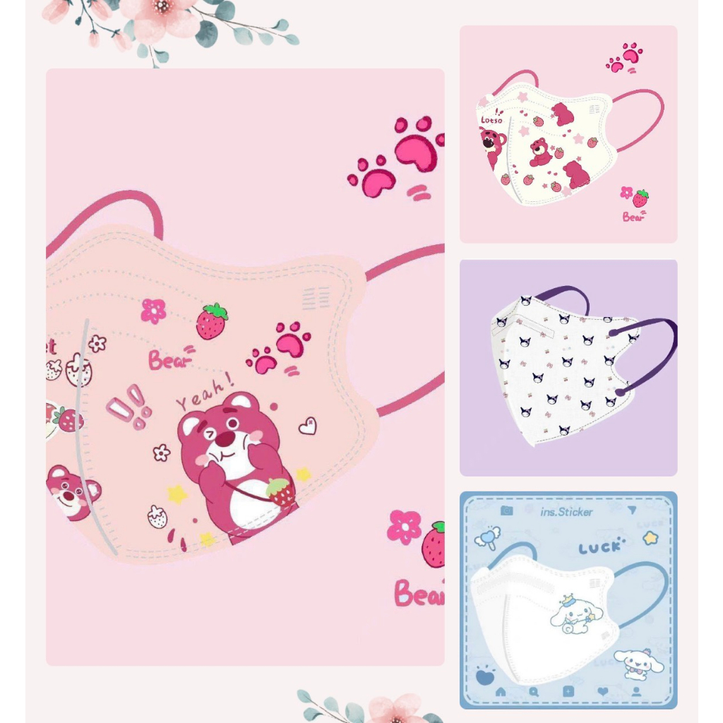 Set 10 Khẩu Trang Y Tế Hình Gấu Dâu Và Khẩu Trang Hoạt Hình Cho Bé Gái Và Người Lớn