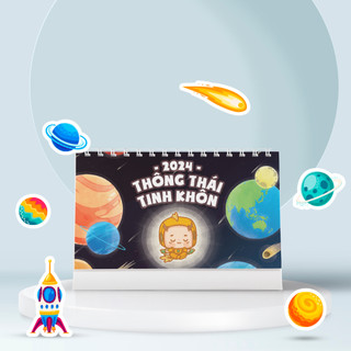 Lịch bàn 2024 Thông Thái Tinh Khôn SDstationery, 21x16x6cm, dễ thương vui nhộn, minh họa vũ trụ, hành tinh, hệ mặt trời