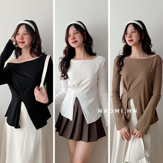 Áo phông gân dài tay trễ vai basic xẻ buộc khuy eo. Áo thun dài tay sang chảnh xẻ tà 4 màu hothit