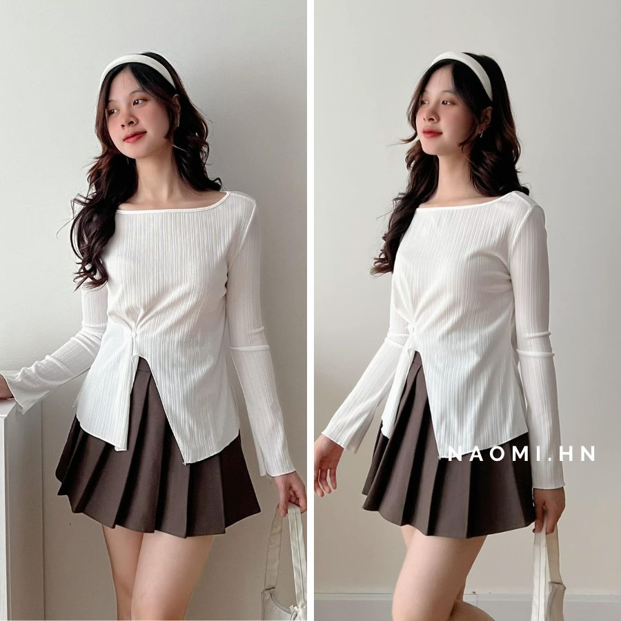 Áo phông gân dài tay trễ vai basic xẻ buộc khuy eo. Áo thun dài tay sang chảnh xẻ tà 4 màu hothit