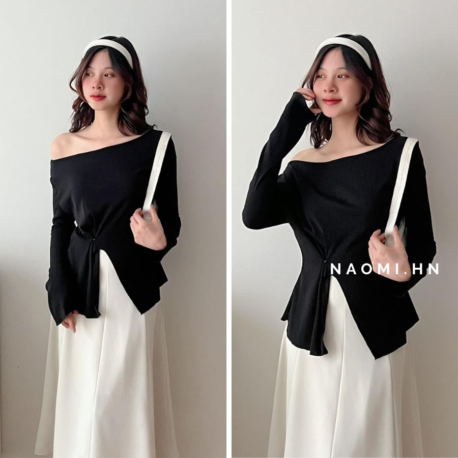 Áo phông gân dài tay trễ vai basic xẻ buộc khuy eo. Áo thun dài tay sang chảnh xẻ tà 4 màu hothit