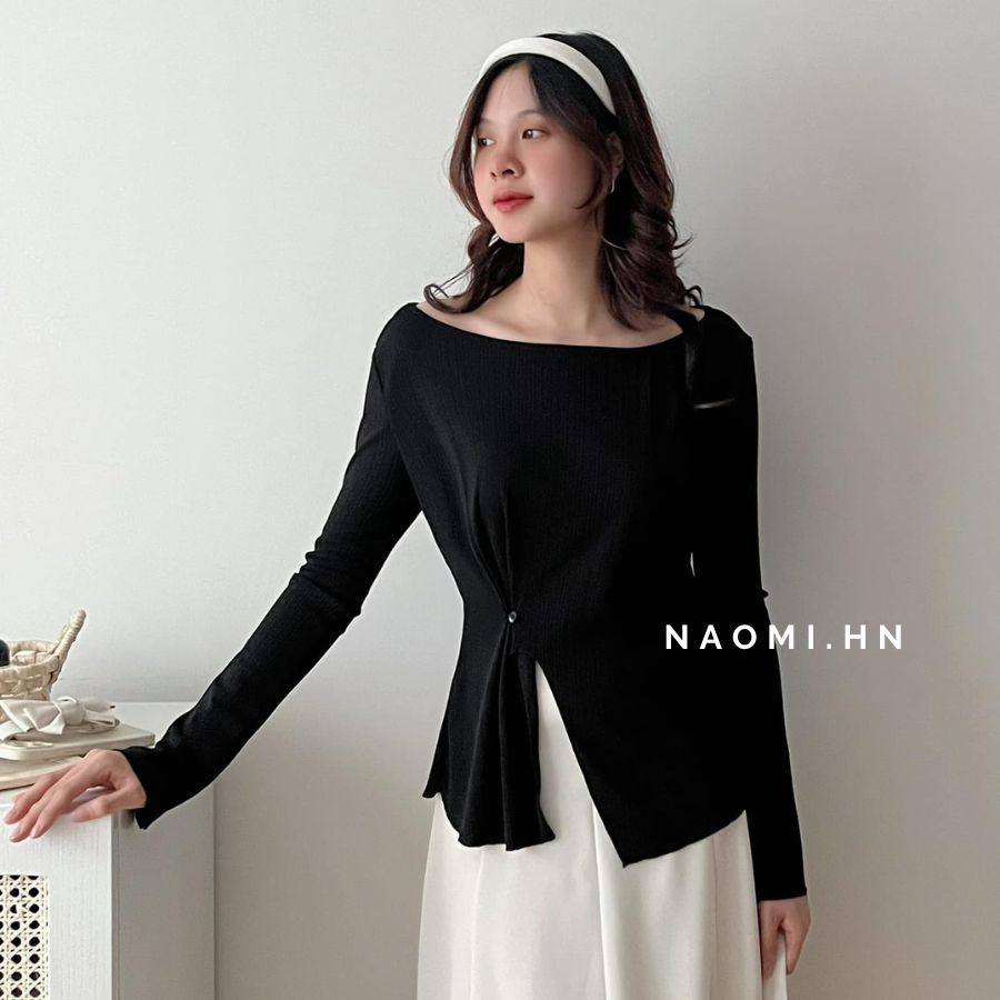 Áo phông gân dài tay trễ vai basic xẻ buộc khuy eo. Áo thun dài tay sang chảnh xẻ tà 4 màu hothit