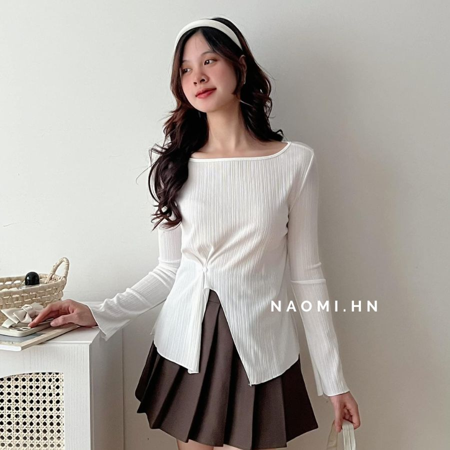 Áo phông gân dài tay trễ vai basic xẻ buộc khuy eo. Áo thun dài tay sang chảnh xẻ tà 4 màu hothit